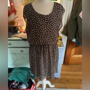 TACERA Chiffon Dress L Brown White Polka Dot Fully Lined Elastic Waist VGUC